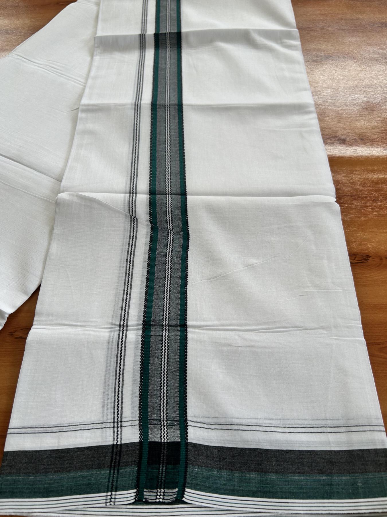 Double Pure white Mundu/Dhoti- 20% Discount! KaithariKada Balaramapuram 100% Cotton - 100X80 - 1.25 inch Green & Black Shaded Design Striped kara - 3.90 mtr (8 muzham) - 11 KK5444 VIN