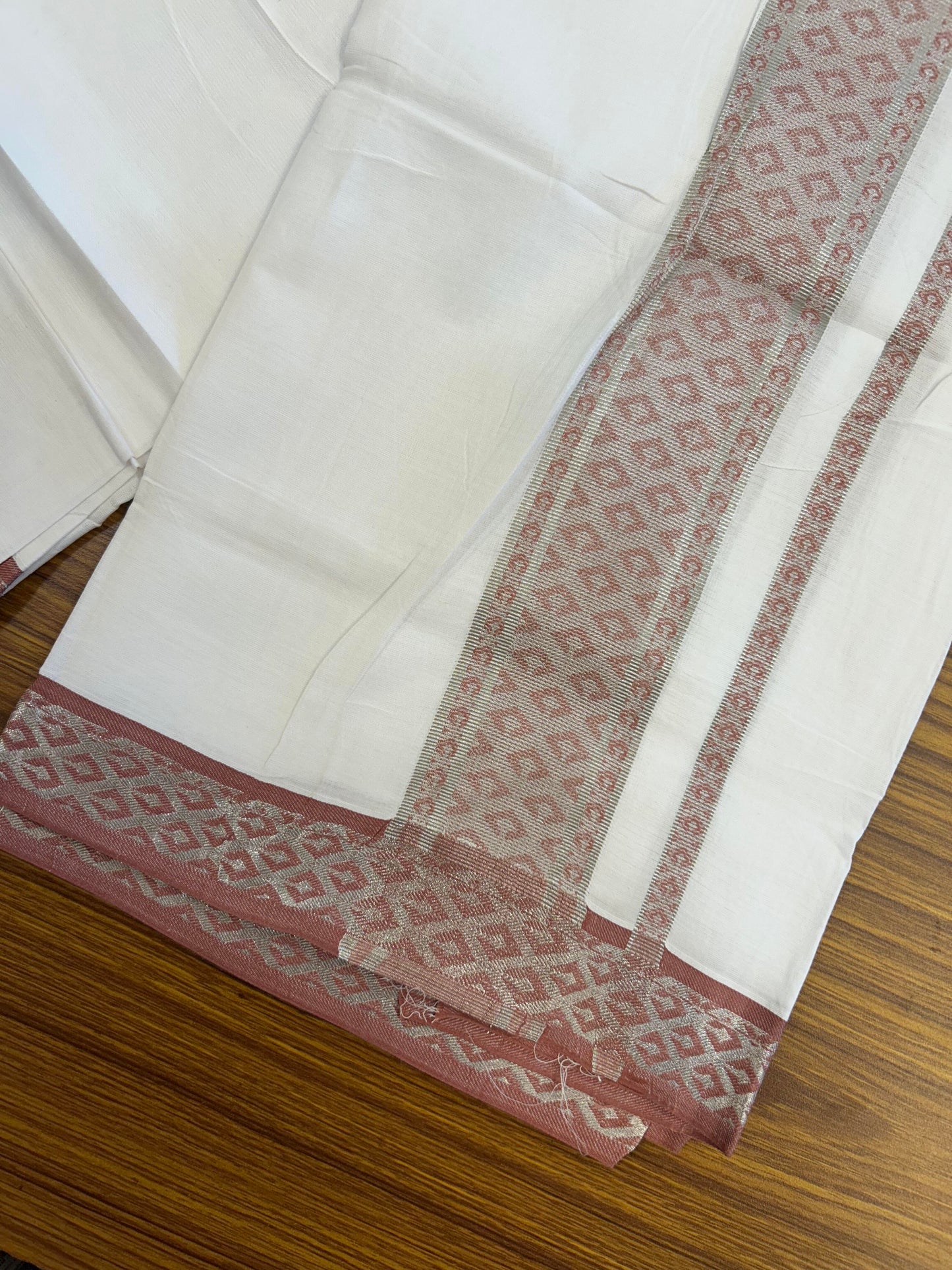 20% Discount ! KaithariKada Balaramapuram 100% Pure Cotton Single Pure White Mundu/Dhoti - 70X30 - 1.5 inch Silver Kasav & Peach Pink Jacquard Design Dual kara 1.90 mtr (4 Muzham) - 5 KK5360 CJT