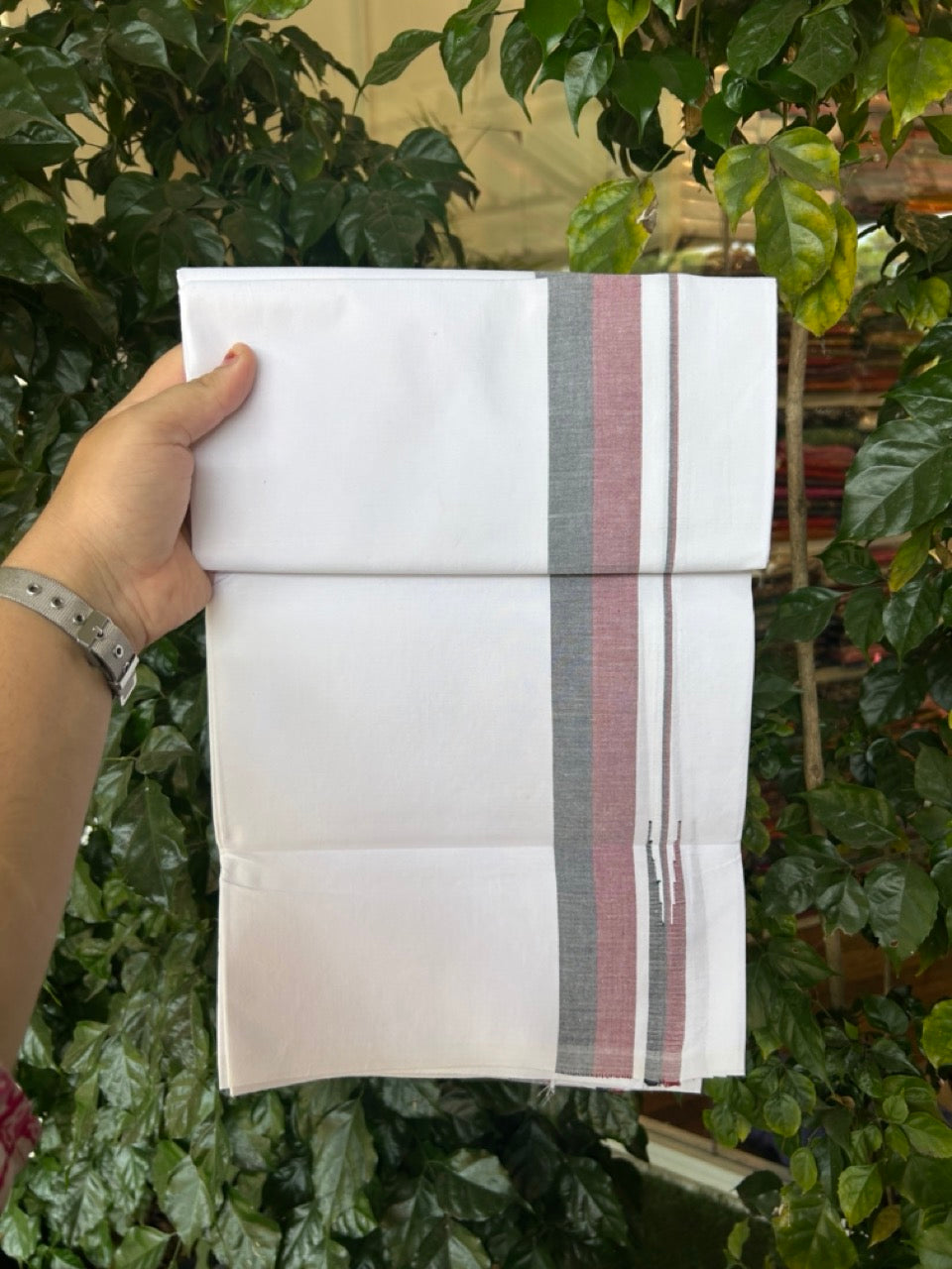 DMK Veshti - 20% Discount !! KaithariKada Balaramapuram PURE WHITE SINGLE Mundu/Dhoti - 100X100 - Puliyilakkara 1.5 inch Maroon & Black Chutty Kara (2 meter / 4 muzham) - 3 KK5296 ASH