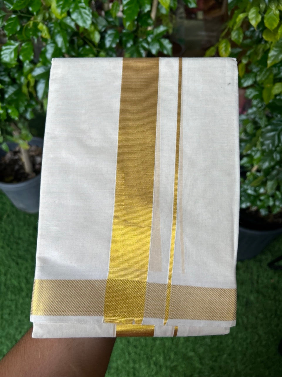 20% DISCOUNT! Kaitharikada Balaramapuram 100% Cotton OFF WHITE Double Mundu/Dothi - 100x90- 1.5 Inch Gold Kasav Kara - 6KK5219 GAN
