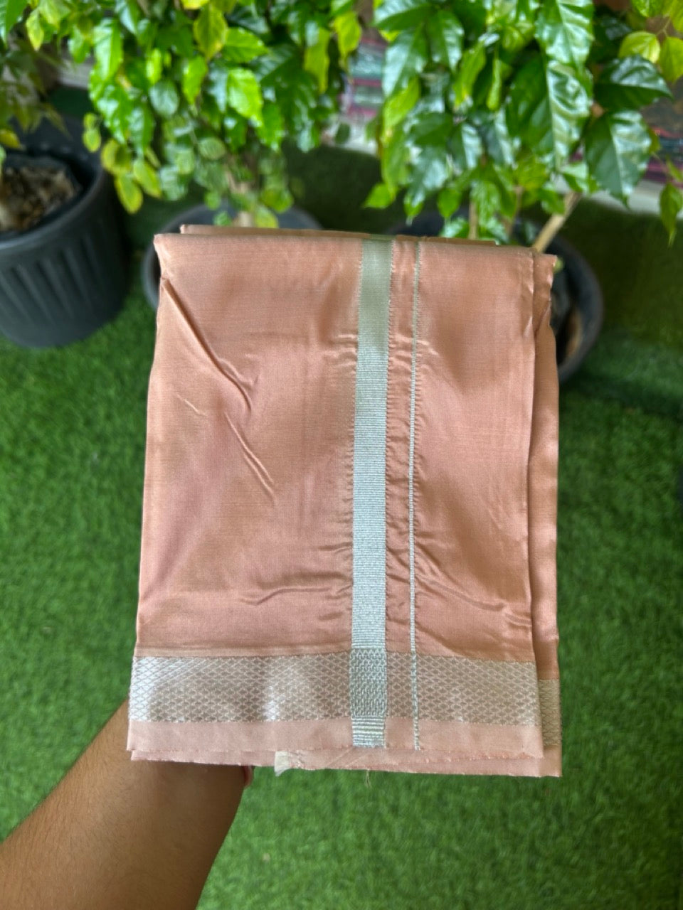 12% Discount!! KaithariKada Balaramapuram 100% Silk Double Mundu/Dhoti - Copper Brown Colour Body - 0.5 inch Silver Kasav Kara 3.60 mtr (8 muzham) - 9KK5222 GAN