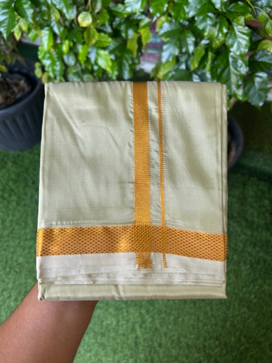 12% Discount!! KaithariKada Balaramapuram 100% Silk Double Mundu/Dhoti - Olive Green Colour Body - 0.5 inch Gold Kasavu Kara 3.60 mtr (8 muzham) - 14KK5222 GAN