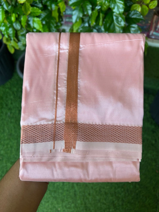 12% Discount!! KaithariKada Balaramapuram 100% Silk Double Mundu/Dhoti - Pastel Pink Colour Body - 0.5 inch Copper Kasavu Kara 3.60 mtr (8 muzham)- 4KK5222 GAN