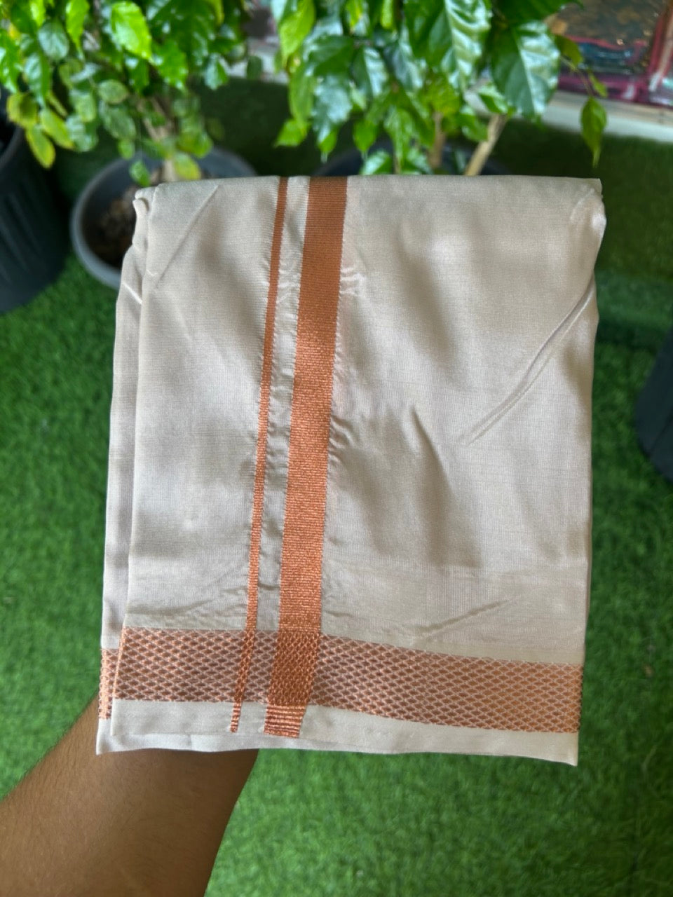 12% Discount!! KaithariKada Balaramapuram 100% Silk Double Mundu/Dhoti - Light Brown Colour Body - 0.5 inch Copper Kasavu Kara 3.60 mtr (8 muzham) - 5KK5222 GAN