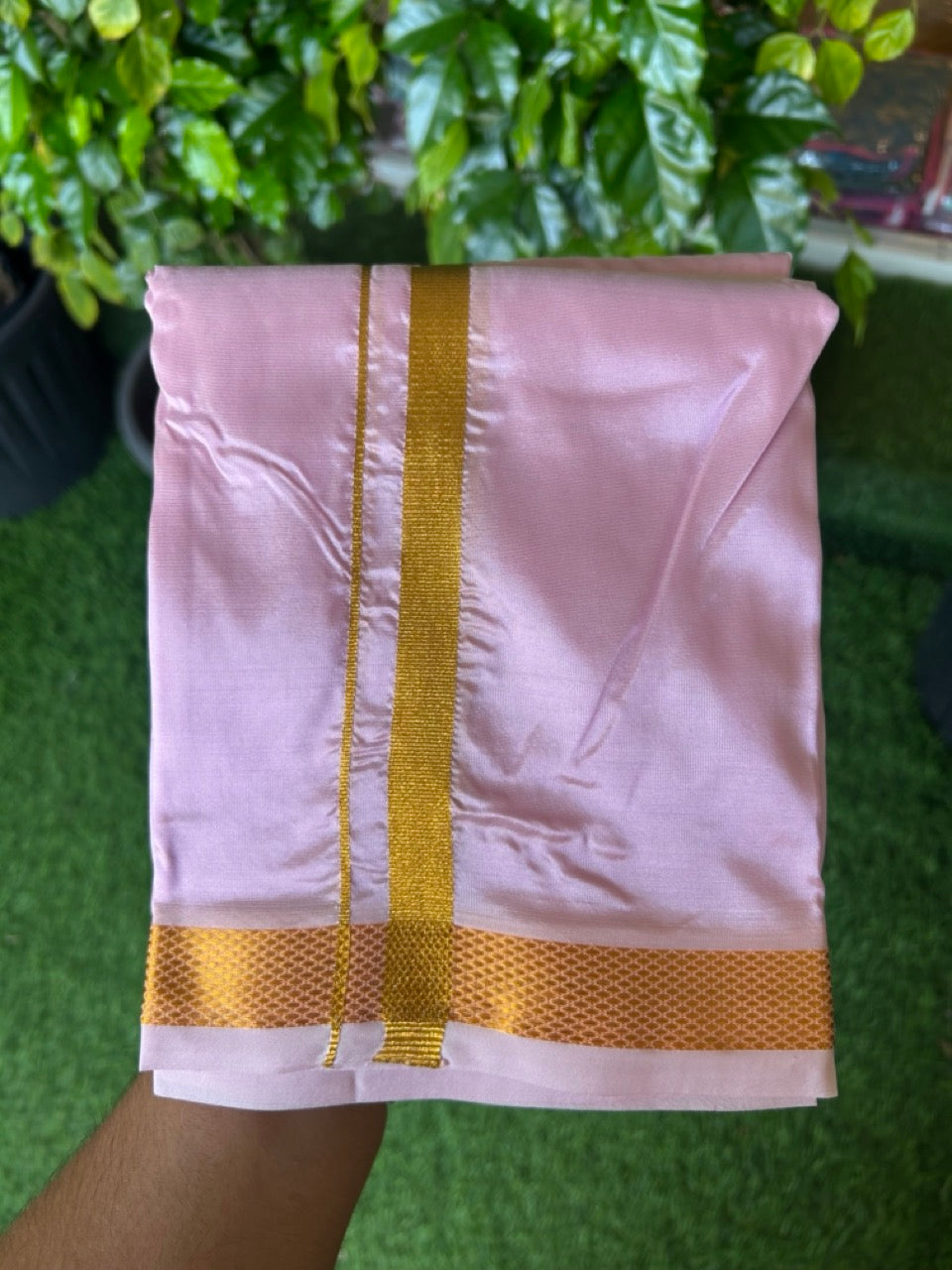 12% Discount!! KaithariKada Balaramapuram 100% Silk Double Mundu/Dhoti - Light Pink Colour Body - 0.5 inch Gold Kasavu Kara 3.60 mtr (8 muzham)- 6KK5222 GAN