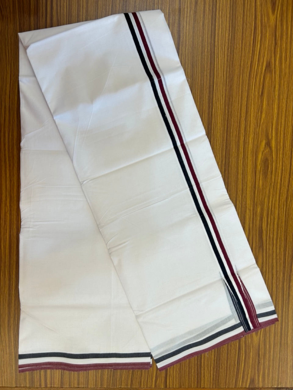 ADMK VESTHI 20% DISCOUNT ! KaithariKada Balaramapuram 100% Cotton Pure White Double Mundu/Dhoti- 100X100- 1.25 Inch Puliyilakkara Maroon & Black Chutty Kara - 31 KK5297 ASH