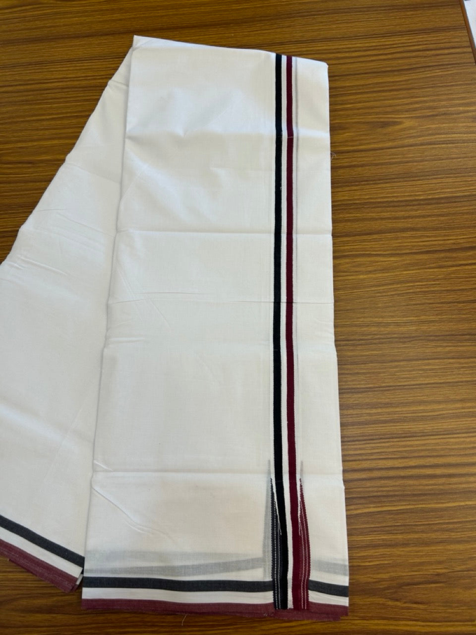 ADMK VESTHI 20% DISCOUNT ! KaithariKada Balaramapuram 100% Cotton Pure White Double Mundu/Dhoti- 100X100- 1.25 Inch Puliyilakkara Maroon & Black Chutty Kara - 31 KK5297 ASH