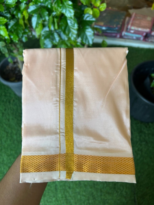 12% Discount!! KaithariKada Balaramapuram 100% Silk Double Mundu/Dhoti - Pastel Peach Colour Body - 0.5 inch Gold Kasav Kara 3.60 mtr (8 muzham) - 12KK5222 GAN