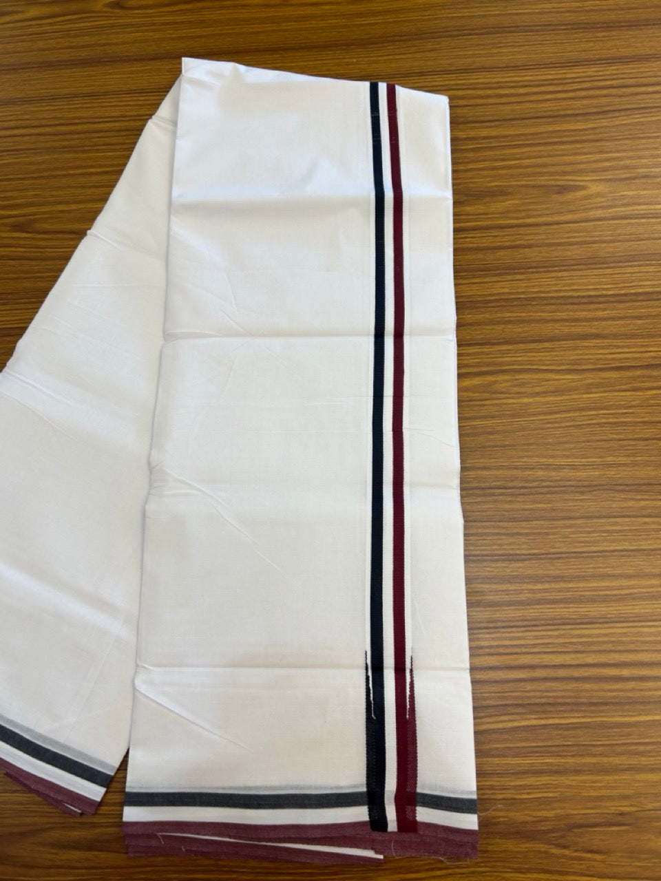 ADMK VESTHI 20% DISCOUNT ! KaithariKada Balaramapuram 100% Cotton Pure White Double Mundu/Dhoti- 100X100- 1.25 Inch Puliyilakkara Maroon & Black Chutty Kara - 32 KK5297 ASH