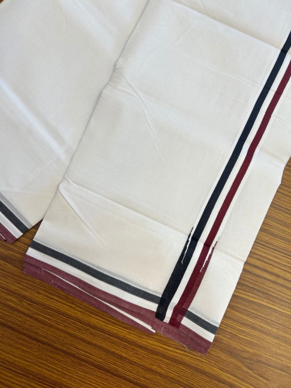 ADMK VESTHI 20% DISCOUNT ! KaithariKada Balaramapuram 100% Cotton Pure White Double Mundu/Dhoti- 100X100- 1.25 Inch Puliyilakkara Maroon & Black Chutty Kara - 32 KK5297 ASH