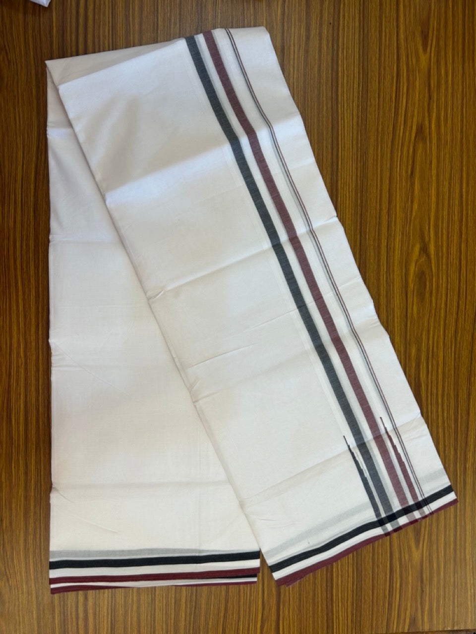 ADMK VESTHI 20% DISCOUNT ! KaithariKada Balaramapuram 100% Cotton Pure White Double Mundu/Dhoti- 100X100- 1.75 Inch Puliyilakkara Maroon & Black Shaded Chutty Kara - 34 KK5297 ASH