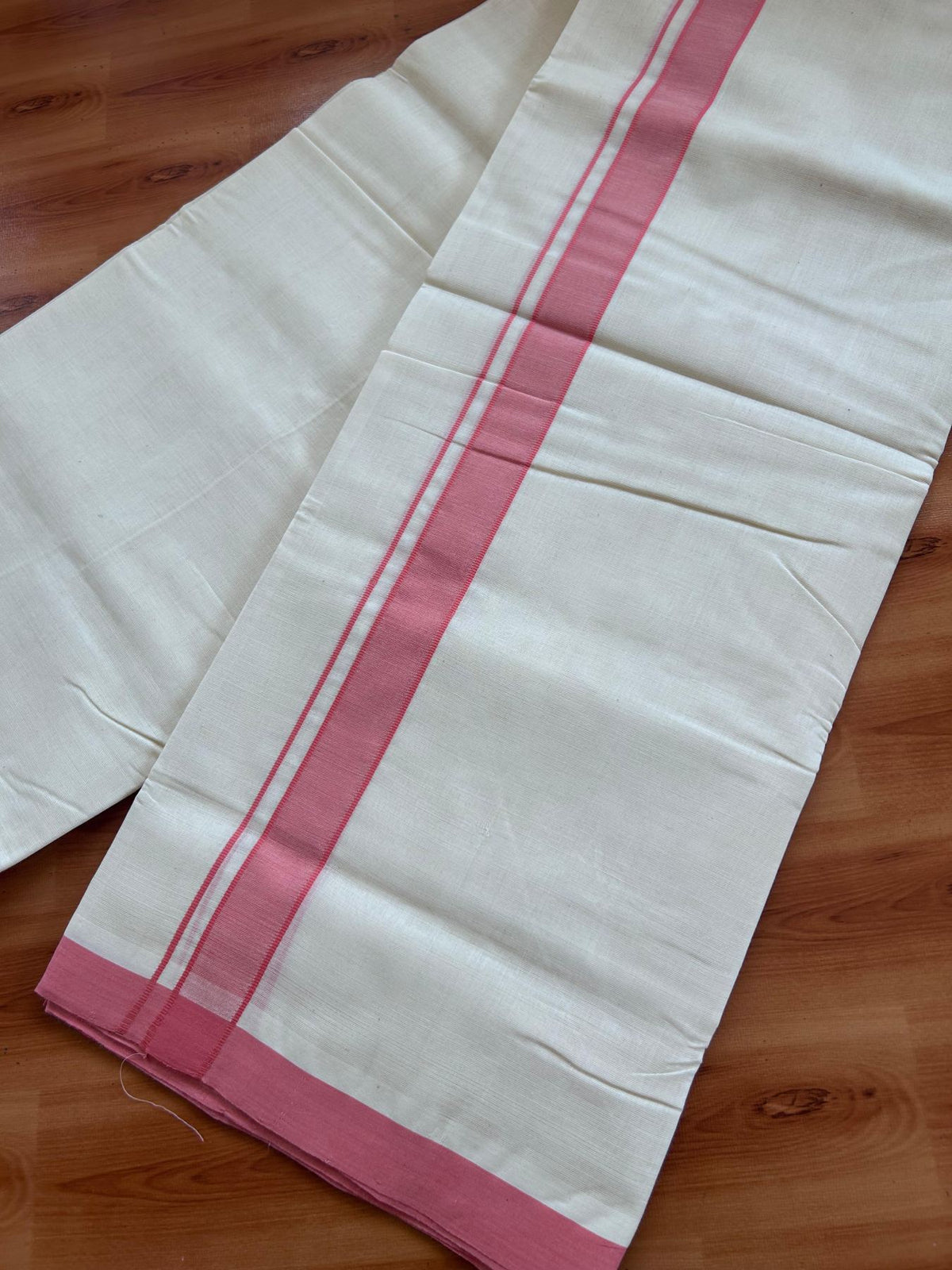 Off White (Unbleached) Double Mundu/Dhoti - 25% Discount! KaithariKada Handloom Millpaav - Kerala Handloom - 100% Pure Cotton - 80x90 - 1.25 inch Rose Pink shaded kara 4 Meters (8.5 Muzham) - 50 KK5508 RAM
