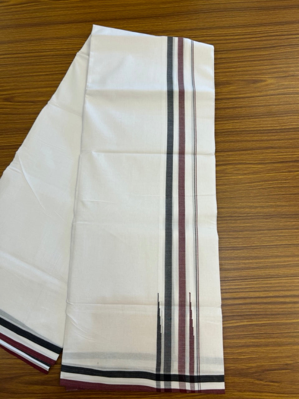 ADMK VESTHI 20% DISCOUNT ! KaithariKada Balaramapuram 100% Cotton Pure White Double Mundu/Dhoti- 100X100- 2 Inch Puliyilakkara Maroon & Black Shaded Chutty Kara - 33 KK5297 ASH