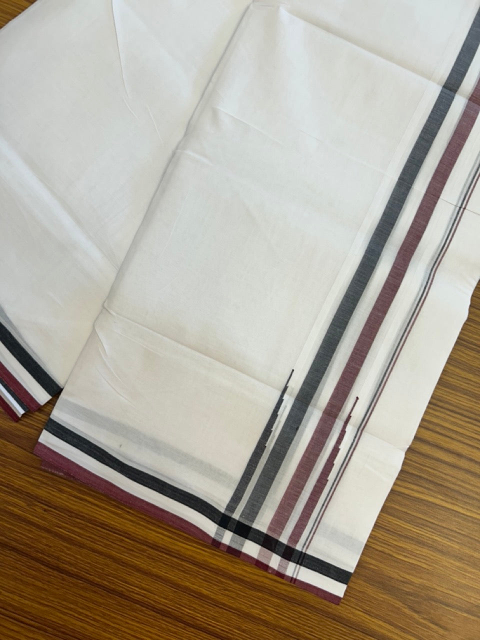 ADMK VESTHI 20% DISCOUNT ! KaithariKada Balaramapuram 100% Cotton Pure White Double Mundu/Dhoti- 100X100- 1.75 Inch Puliyilakkara Maroon & Black Shaded Chutty Kara - 34 KK5297 ASH