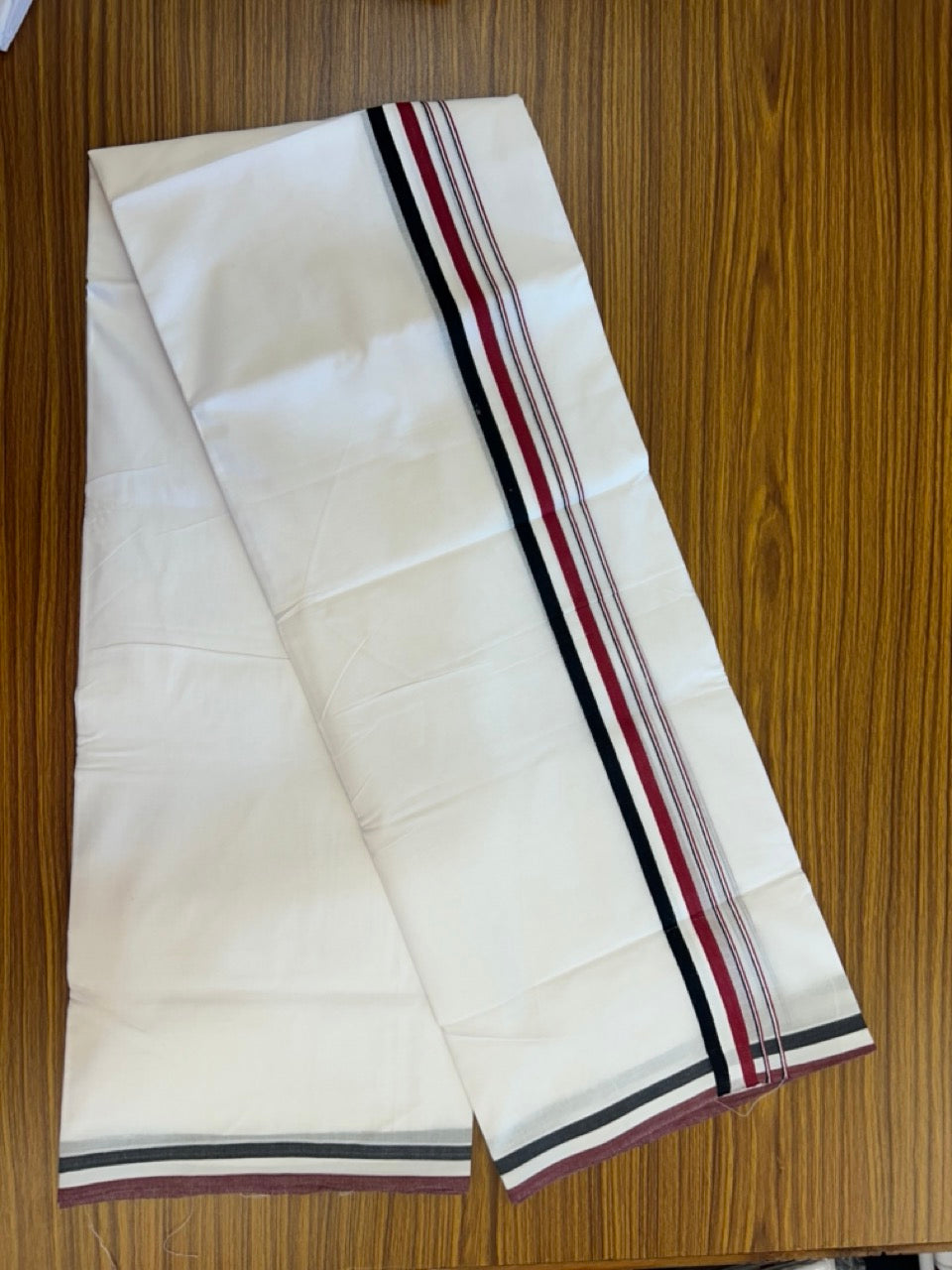 ADMK VESHTI - 20% DISCOUNT! KaithariKada 100% Cotton Pure white Double - (Unbleached) Mundu/Dhoti - 100X100 - 1 inch Black White & Maroon kara - 13 KK5297 ASH