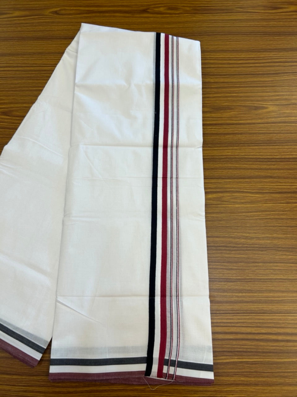 ADMK VESHTI - 20% DISCOUNT! KaithariKada 100% Cotton Pure white Double - (Unbleached) Mundu/Dhoti - 100X100 - 1 inch Black White & Maroon kara - 13 KK5297 ASH