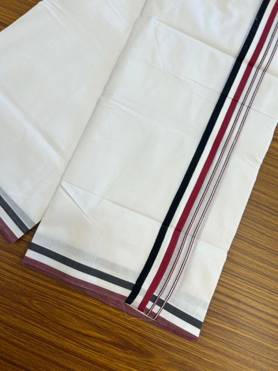 ADMK VESHTI - 20% DISCOUNT! KaithariKada 100% Cotton Pure white Double - (Unbleached) Mundu/Dhoti - 100X100 - 1 inch Black White & Maroon kara - 13 KK5297 ASH