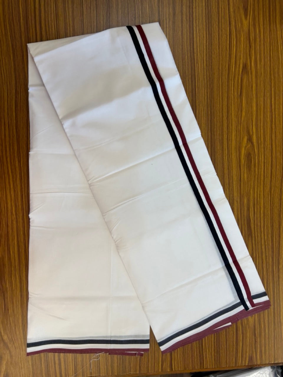 ADMK VESHTI - 20% DISCOUNT! KaithariKada 100% Cotton Pure white Double - (Unbleached) Mundu/Dhoti - 100X100 - 1 inch Black White & Maroon kara - 8 KK5297 ASH