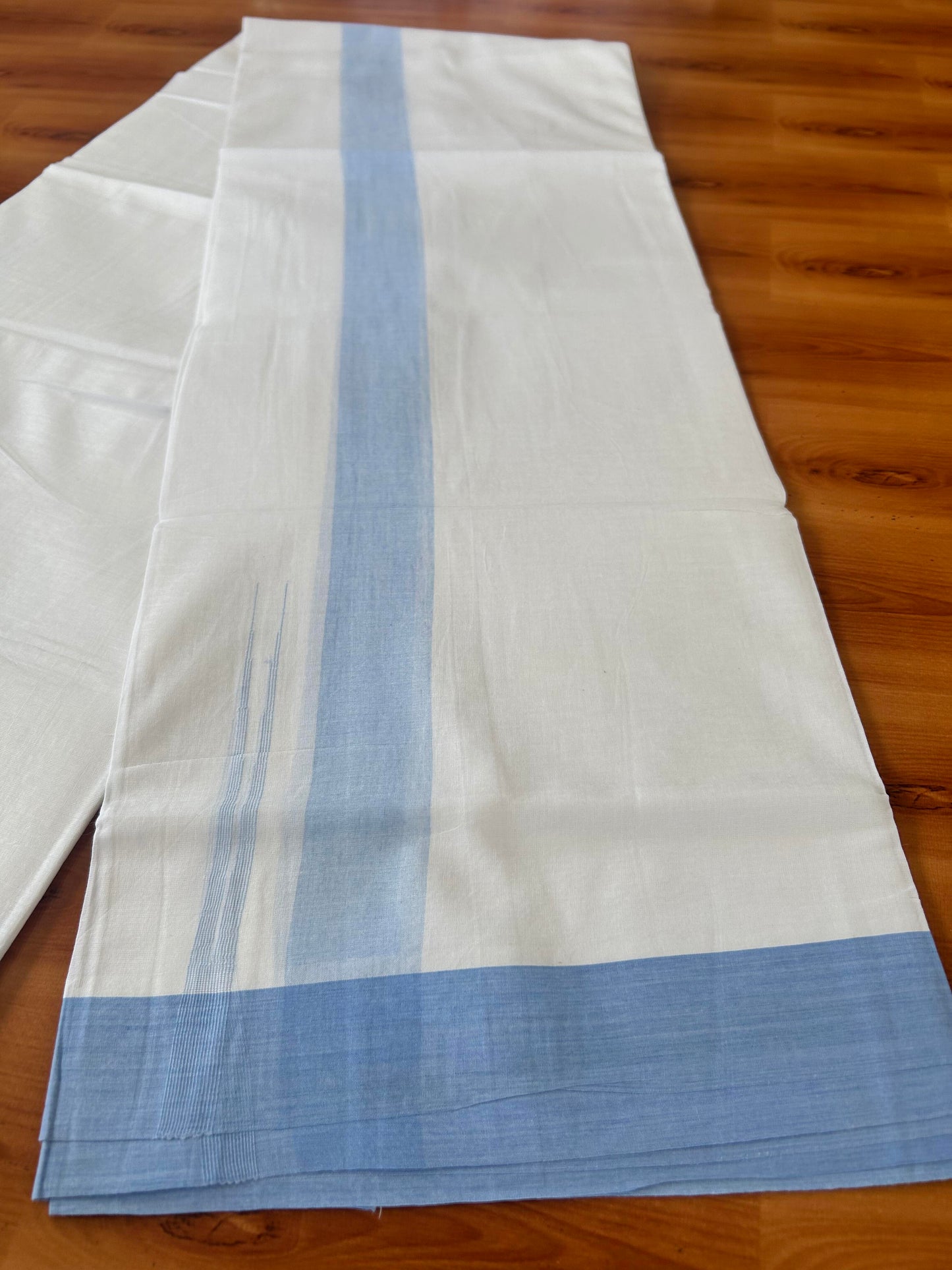 Double Pure White Mundu/Dhoti - 20% Discount !! KaithariKada Balaramapuram 100% Cotton - 100x80 - 1.5 inch Powder Blue Puliyilakkara Chutty Kara 3.90 mtr (8 muzham) - 5 KK5443 VAS