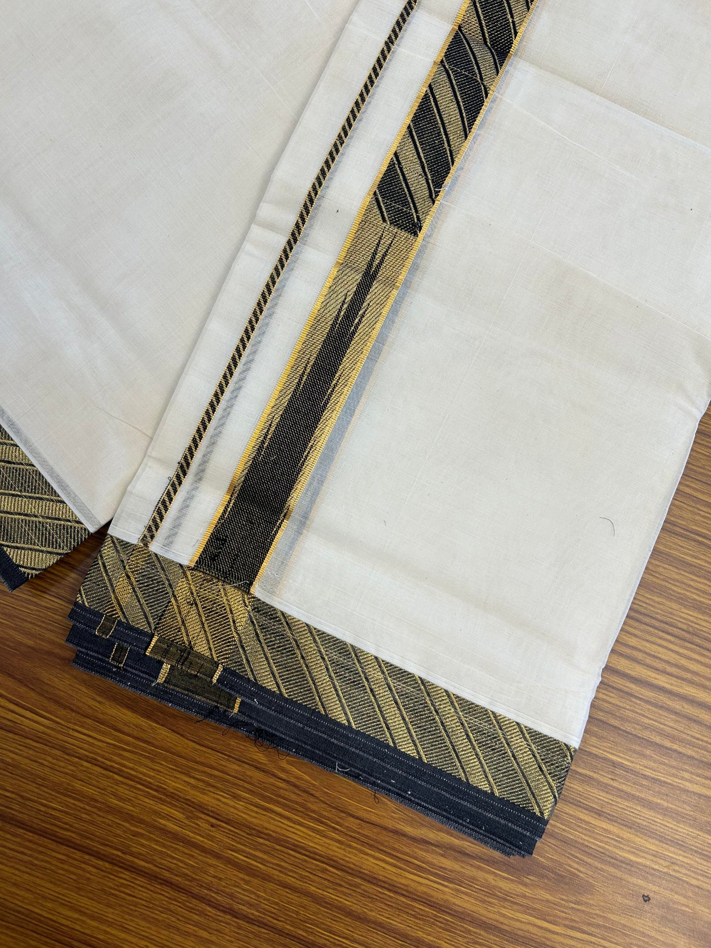 20% Discount ! KaithariKada Balaramapuram 100% Pure Cotton Double Off White (Unbleached) Mundu/Dhoti - 100x80 - 1.5 inch Puliyilakkara Gold Kasav & Black Jacquard Design Chutty kara (8.5 Muzham) - 12 KK5360 CJT