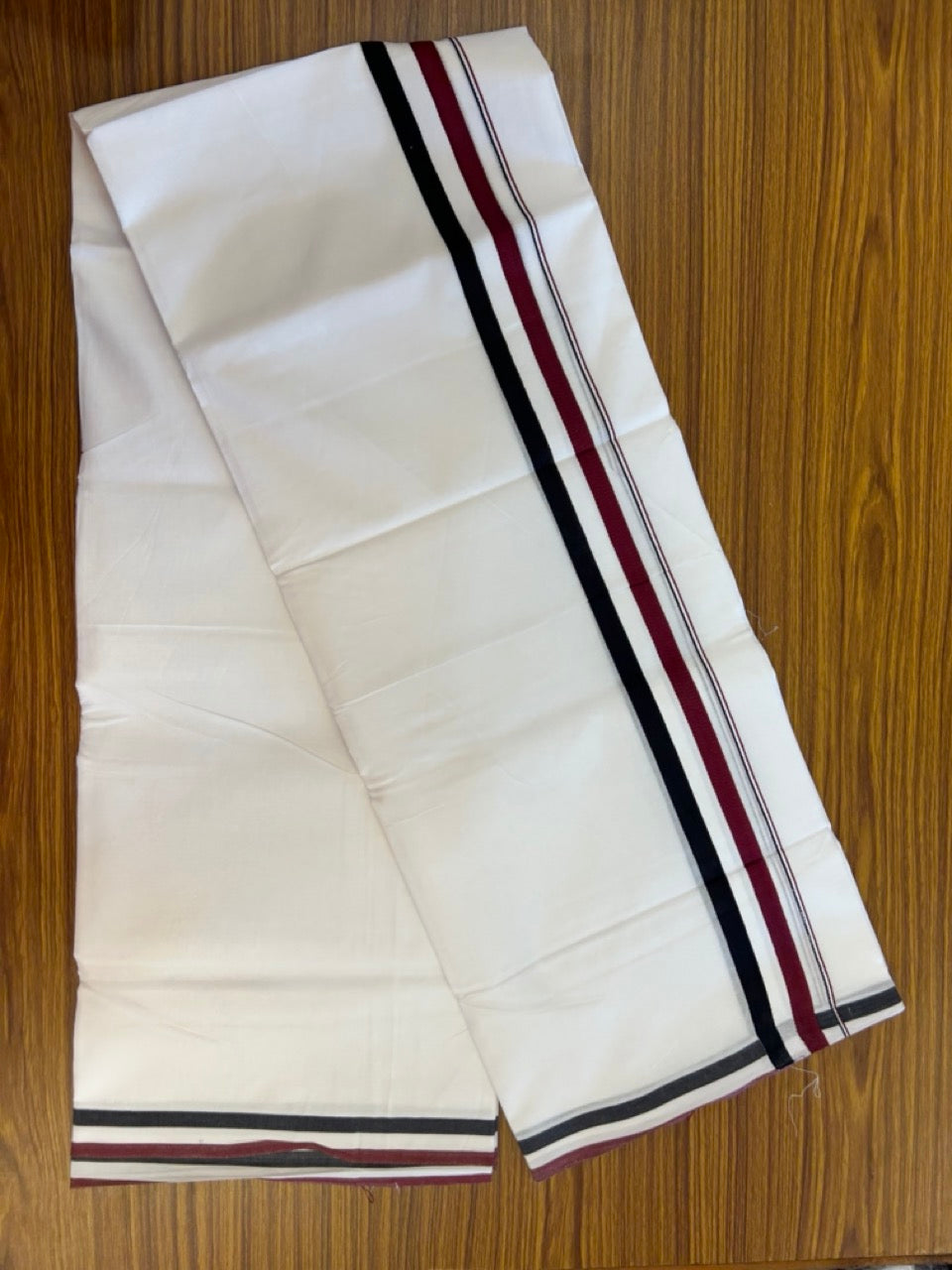 ADMK VESHTI - 20% DISCOUNT! KaithariKada 100% Cotton Pure white Double - (Unbleached) Mundu/Dhoti - 100X100 - 1.5 inch Black White & Maroon kara - 11 KK5297 ASH