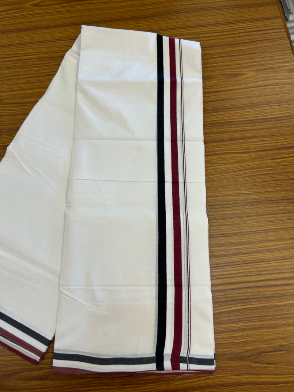 ADMK VESHTI - 20% DISCOUNT! KaithariKada 100% Cotton Pure white Double - (Unbleached) Mundu/Dhoti - 100X100 - 1.5 inch Black White & Maroon kara - 11 KK5297 ASH