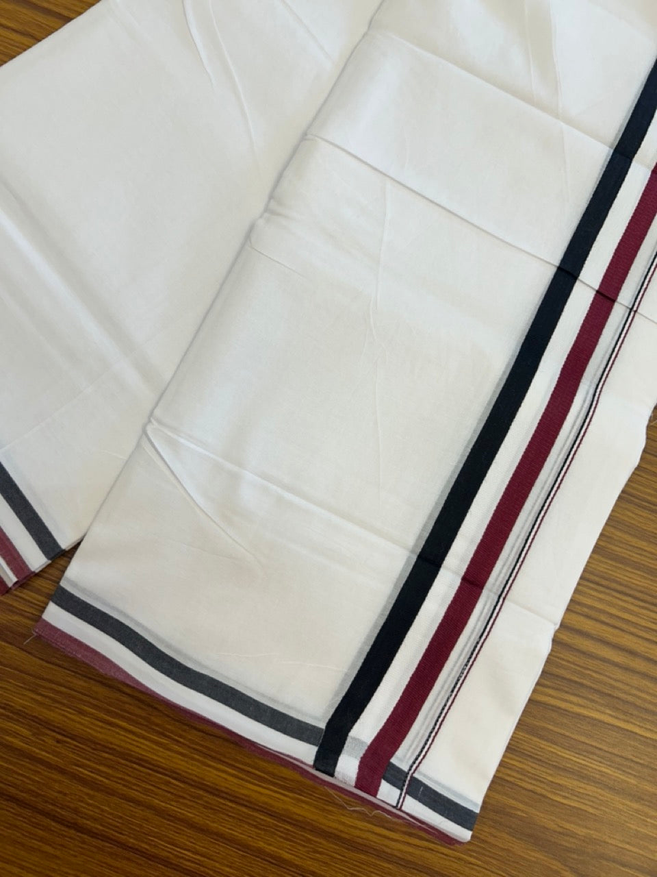 ADMK VESHTI - 20% DISCOUNT! KaithariKada 100% Cotton Pure white Double - (Unbleached) Mundu/Dhoti - 100X100 - 1.5 inch Black White & Maroon kara - 11 KK5297 ASH