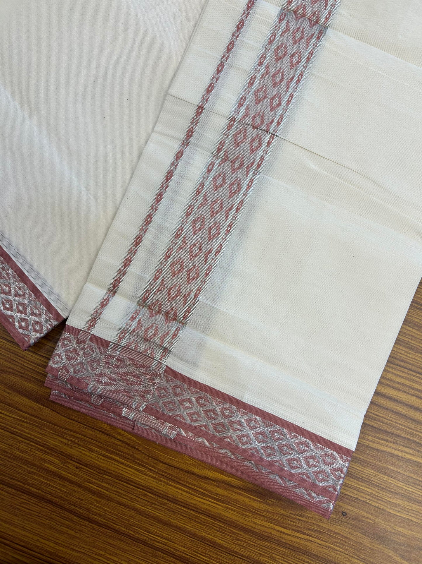 20% Discount ! KaithariKada Balaramapuram 100% Pure Cotton Single Off White Mundu/Dhoti - 70X30 - 1.75 inch Silver Kasav & Dark Peach Pink Jacquard Design kara 2 mtr (4 Muzham) - 16 KK5360 CJT