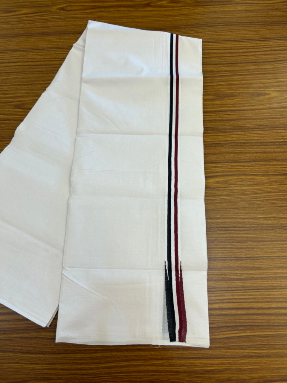 ADMK VESTHI 20% DISCOUNT ! KaithariKada Balaramapuram 100% Cotton Pure White Double Mundu/Dhoti- 100X100- 1 Inch Puliyilakkara Maroon & Black Chutty Kara - 29 KK5297 ASH