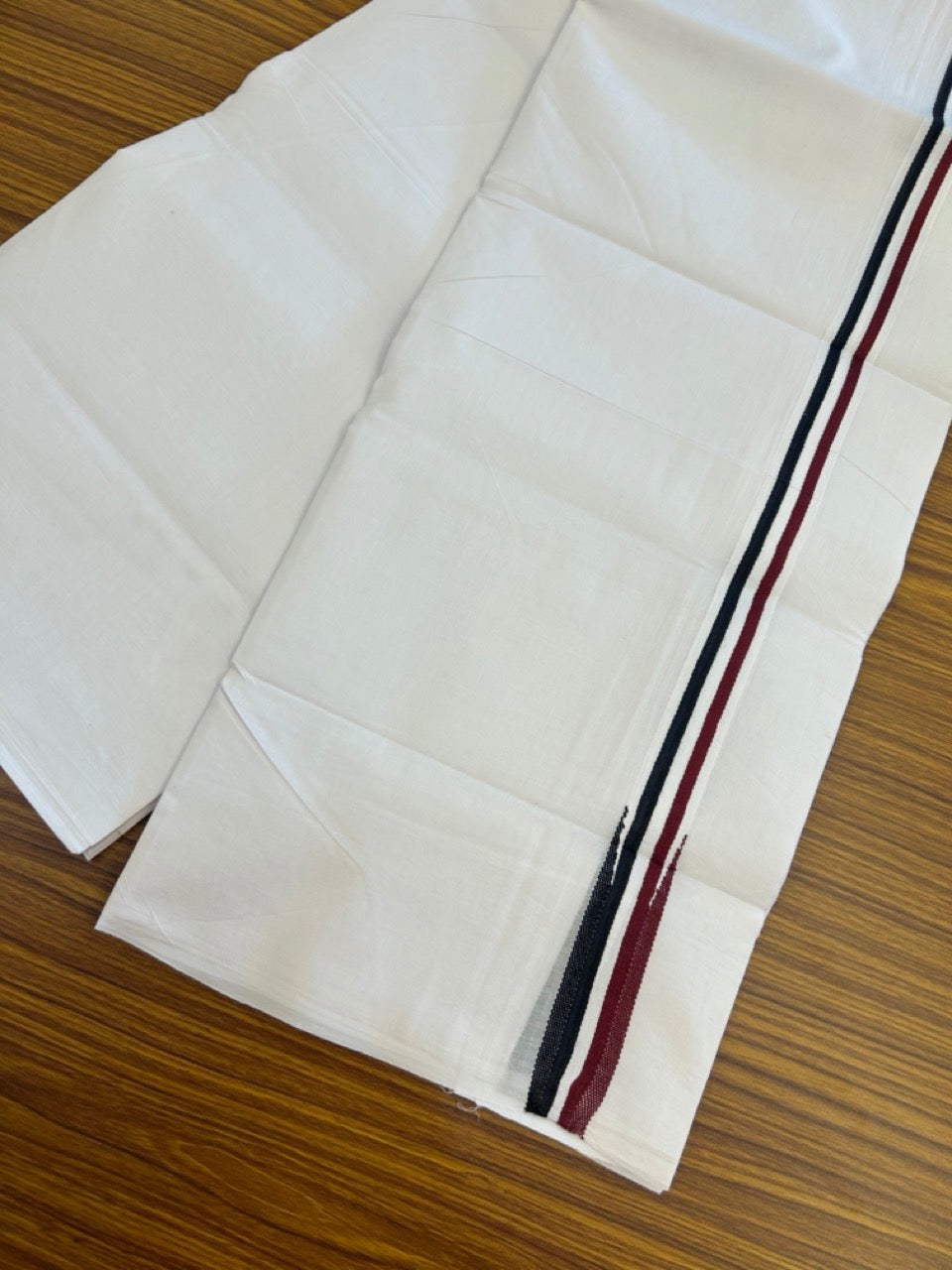 ADMK VESTHI 20% DISCOUNT ! KaithariKada Balaramapuram 100% Cotton Pure White Double Mundu/Dhoti- 100X100- 1 Inch Puliyilakkara Maroon & Black Chutty Kara - 29 KK5297 ASH