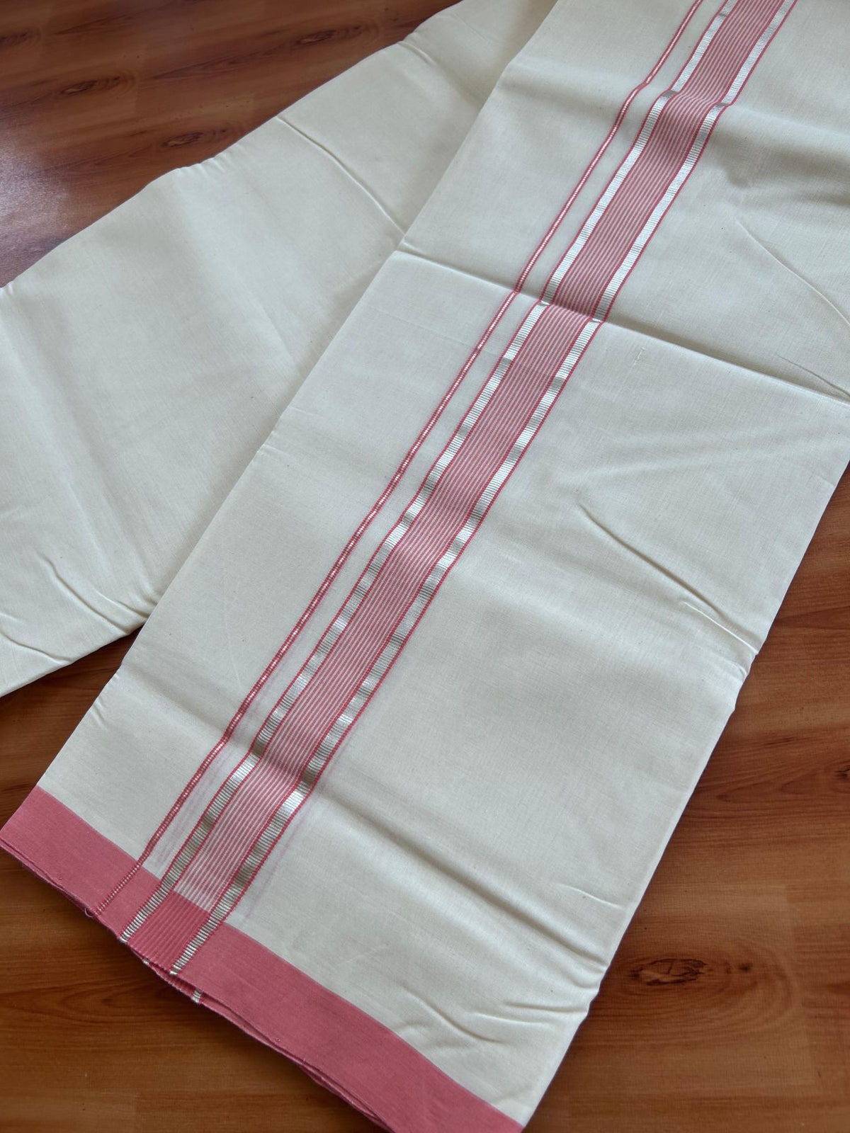 Off White (Unbleached) Double Mundu/Dhoti - 25% Discount! KaithariKada Handloom Millpaav - Kerala Handloom - 100% Pure Cotton - 80x90 - 1.5 inch Silver kasav Rose Pink striped kara 4 Meters (8.5 Muzham) - 44 KK5508 RAM