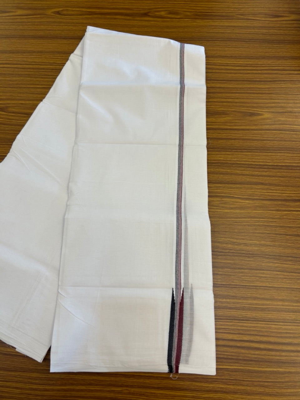 ADMK VESTHI 20% DISCOUNT ! KaithariKada Balaramapuram 100% Cotton Pure White Double Mundu/Dhoti- 100X100- 0.75 Inch Puliyilakkara Maroon & Black Chutty Kara - 17 KK5297 ASH