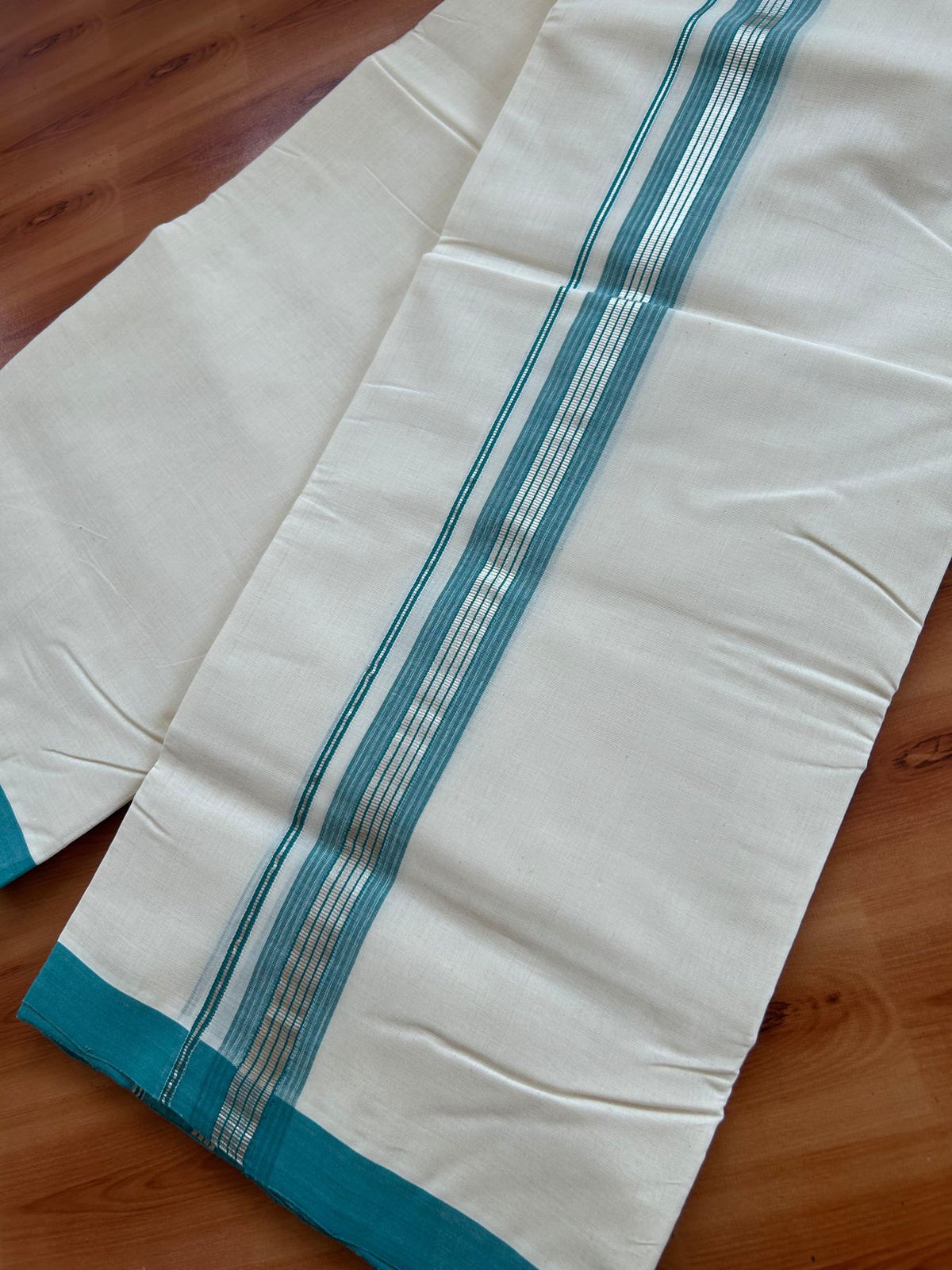 Off White (Unbleached) Double Mundu/Dhoti - 25% Discount! KaithariKada Handloom Millpaav - Kerala Handloom - 100% Pure Cotton - 80x90 - 1.5 inch Silver kasav Teal Green shaded striped kara 4 Meters (8.5 Muzham) - 47 KK5508 RAM