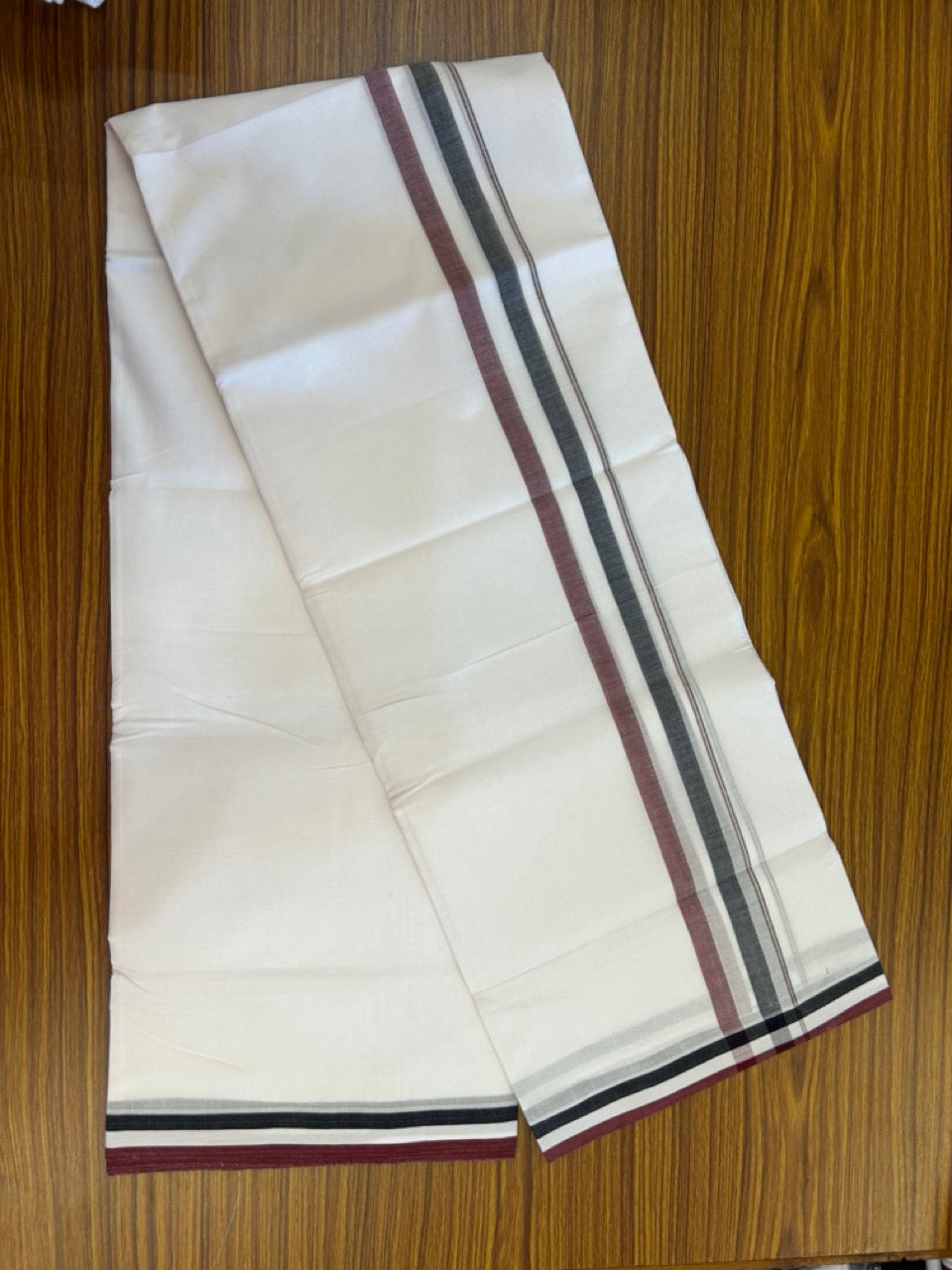 ADMK VESHTI - 20% DISCOUNT! KaithariKada 100% Cotton Pure white Double - (Unbleached) Mundu/Dhoti - 100X100 - 1.5 inch Black White & Maroon Shaded kara - 12 KK5297 ASH