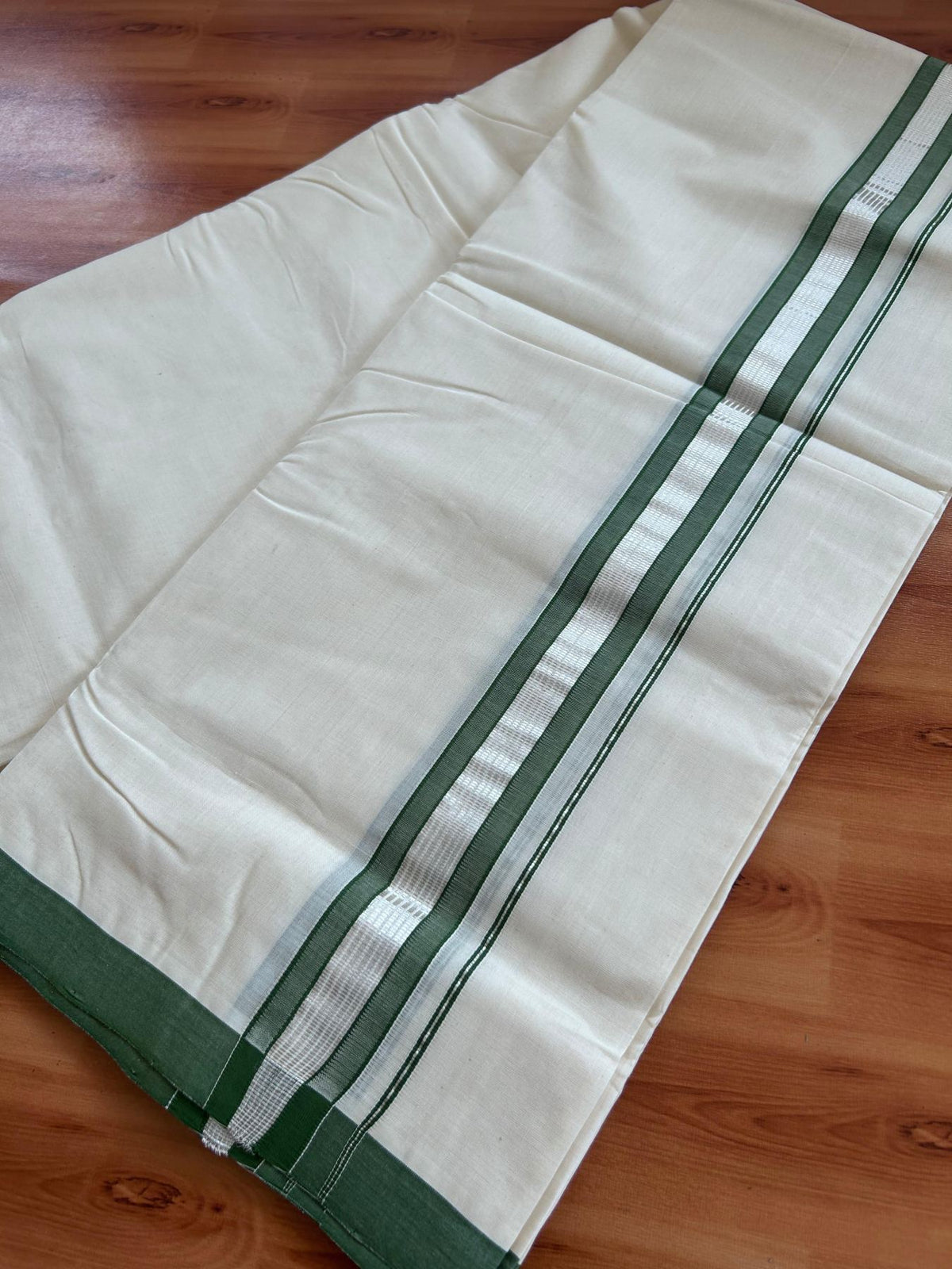 Off White (Unbleached) Double Mundu/Dhoti - 25% Discount! KaithariKada Handloom Millpaav - Kerala Handloom - 100% Pure Cotton - 80x90 - 1.5 inch Green shaded silver striped kara 4 Meters (8.5 Muzham) - 43 KK5508 RAM