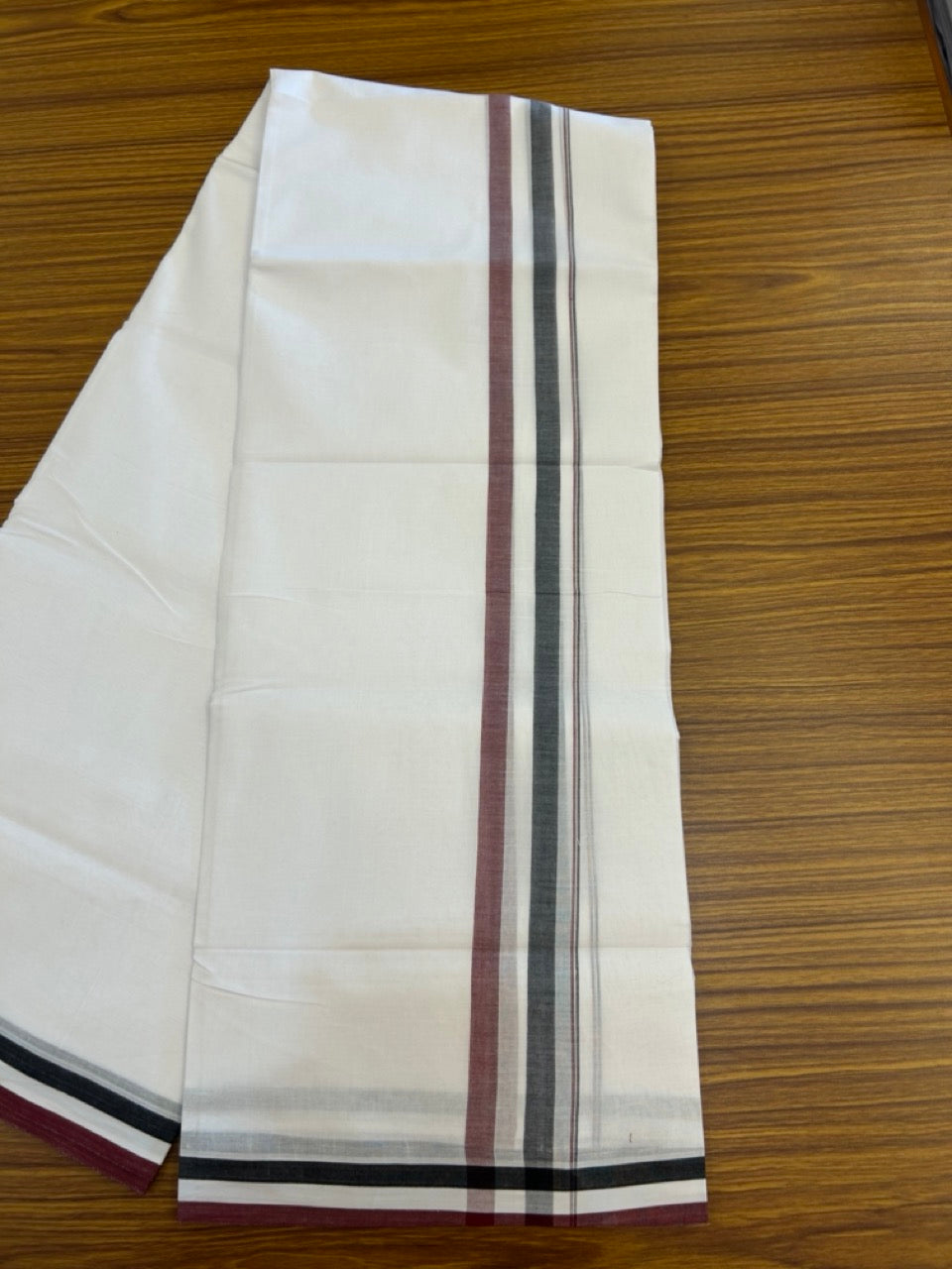 ADMK VESHTI - 20% DISCOUNT! KaithariKada 100% Cotton Pure white Double - (Unbleached) Mundu/Dhoti - 100X100 - 1.5 inch Black White & Maroon Shaded kara - 12 KK5297 ASH