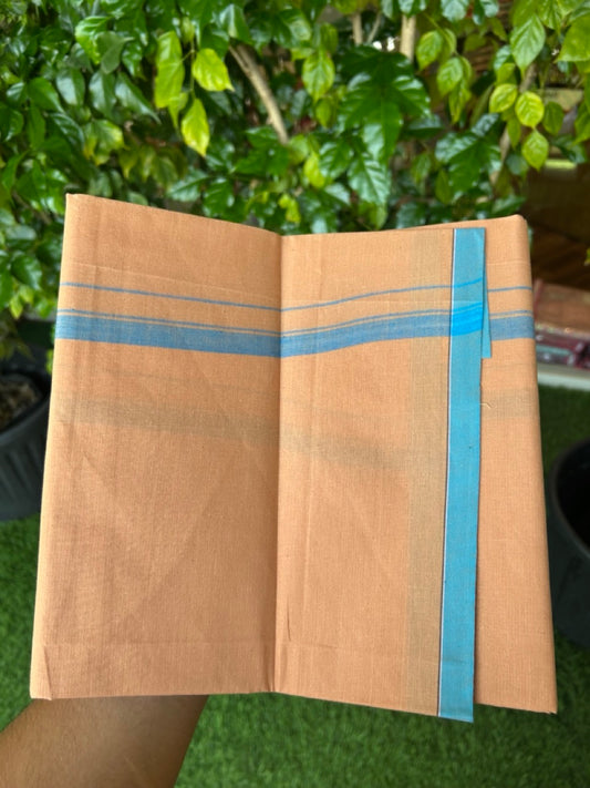 10% Discount!!! Kaitharikada - Pure Cotton  - Single Kaily / Lungi - 0.5 inch Cerulean Blue Kara with Kaavi colour body (2 meter / 4 muzham) - 33KK8024 GAN