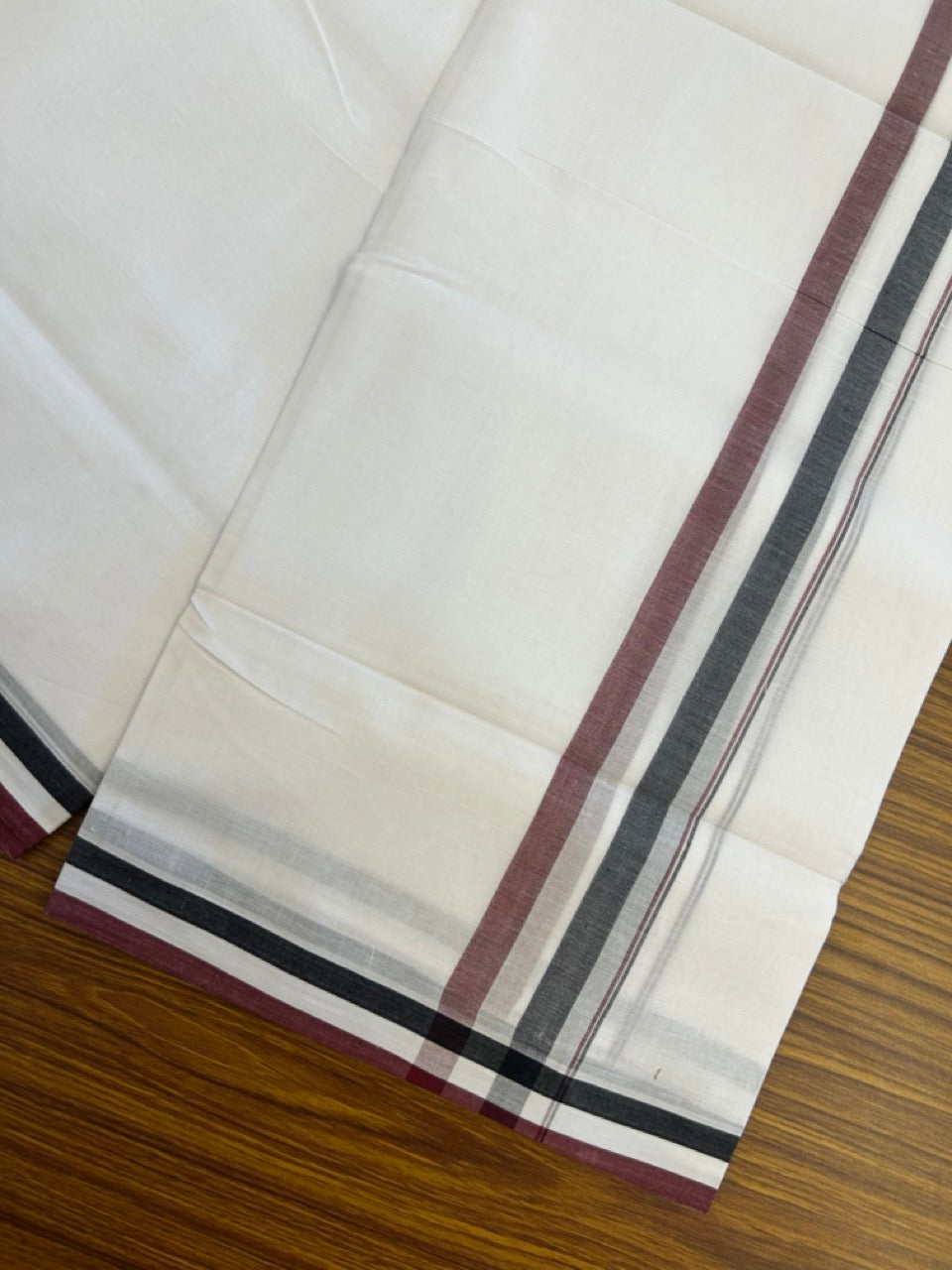 ADMK VESHTI - 20% DISCOUNT! KaithariKada 100% Cotton Pure white Double - (Unbleached) Mundu/Dhoti - 100X100 - 1.5 inch Black White & Maroon Shaded kara - 12 KK5297 ASH