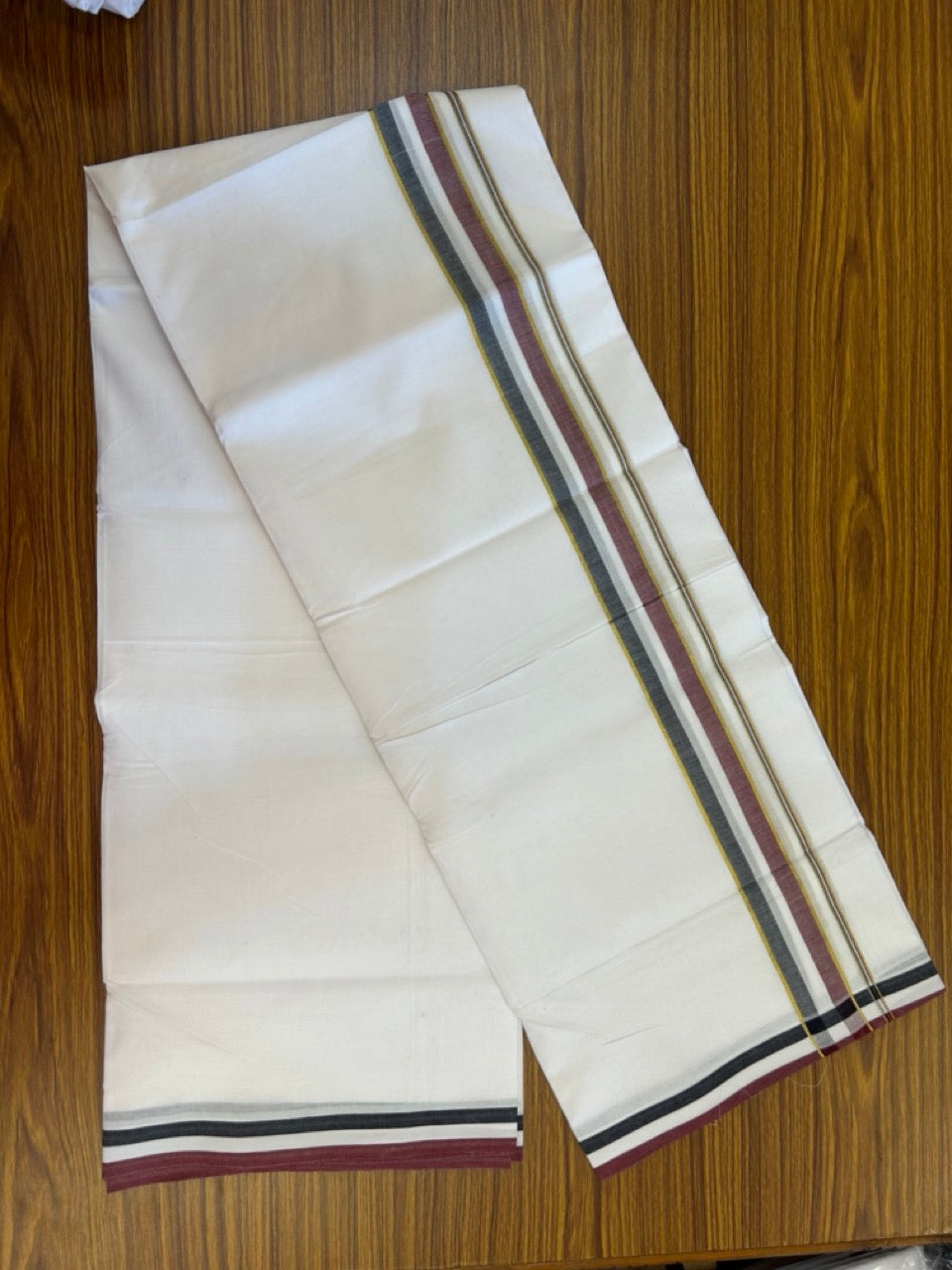 ADMK VESHTI - 20% DISCOUNT! KaithariKada 100% Cotton Pure white Double - (Unbleached) Mundu/Dhoti - 100X100 - 1.5 inch Gold Kasav Black White & Maroon Shaded kara - 28 KK5297 ASH