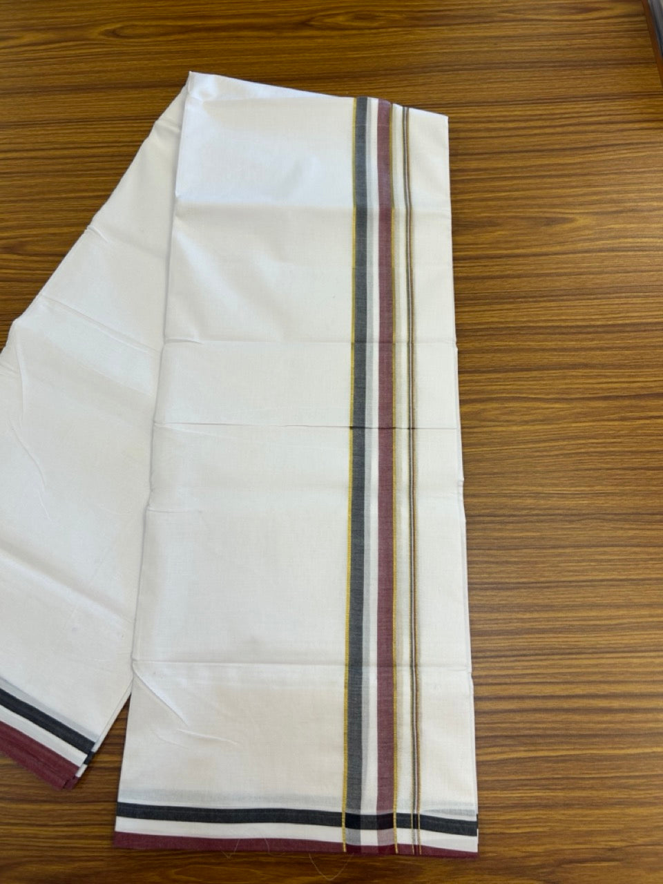 ADMK VESHTI - 20% DISCOUNT! KaithariKada 100% Cotton Pure white Double - (Unbleached) Mundu/Dhoti - 100X100 - 1.5 inch Gold Kasav Black White & Maroon Shaded kara - 28 KK5297 ASH