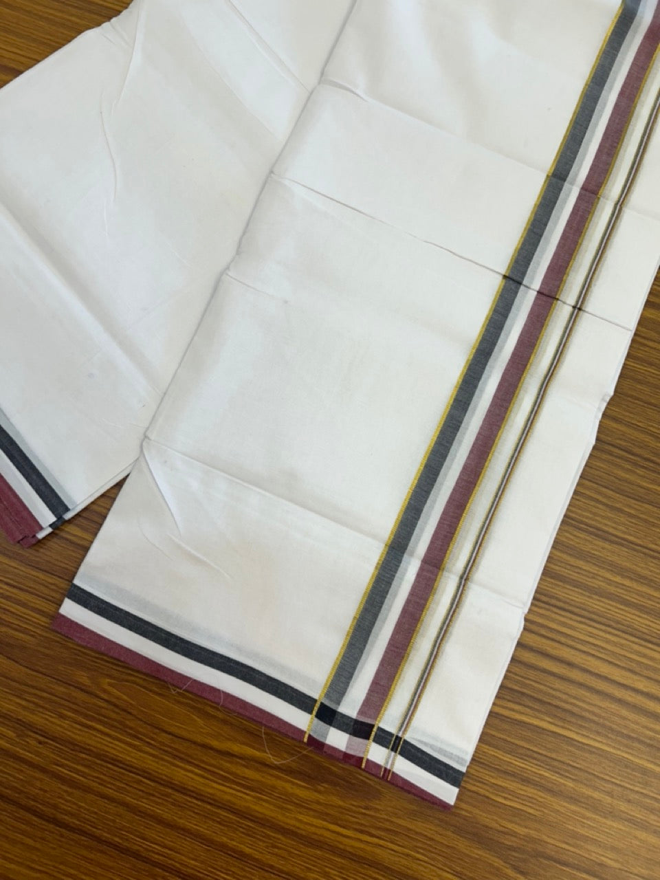 ADMK VESHTI - 20% DISCOUNT! KaithariKada 100% Cotton Pure white Double - (Unbleached) Mundu/Dhoti - 100X100 - 1.5 inch Gold Kasav Black White & Maroon Shaded kara - 28 KK5297 ASH