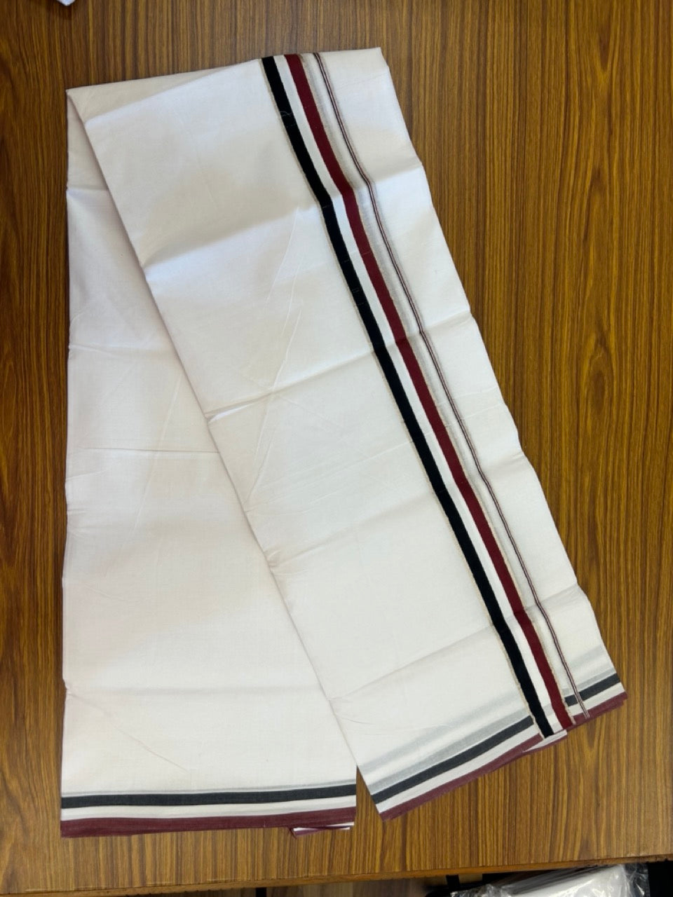 ADMK VESHTI - 20% DISCOUNT! KaithariKada 100% Cotton Pure white Double - (Unbleached) Mundu/Dhoti - 100X100 - 1.5 inch Black White & Maroon kara - 27 KK5297 ASH