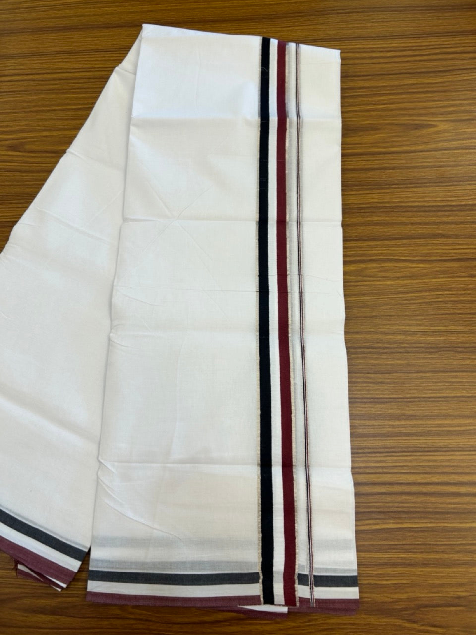 ADMK VESHTI - 20% DISCOUNT! KaithariKada 100% Cotton Pure white Double - (Unbleached) Mundu/Dhoti - 100X100 - 1.5 inch Black White & Maroon kara - 27 KK5297 ASH