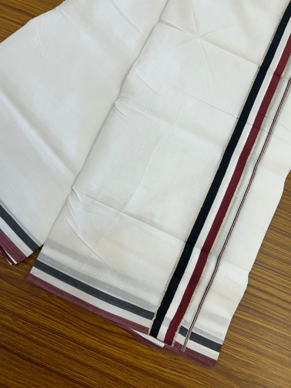 ADMK VESHTI - 20% DISCOUNT! KaithariKada 100% Cotton Pure white Double - (Unbleached) Mundu/Dhoti - 100X100 - 1.5 inch Black White & Maroon kara - 27 KK5297 ASH
