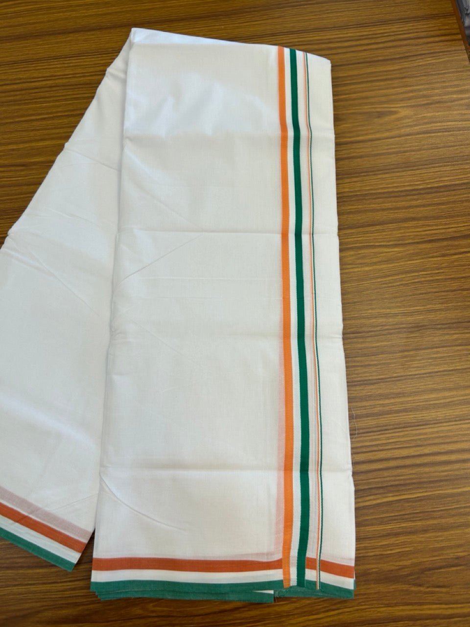 CONGRESS VESHTI - 20% DISCOUNT! KaithariKada 100% Cotton Pure white Double Mundu/Dhoti - 100X80 - 1 inch Orange White & Green Kara - 1 KK5297 ASH