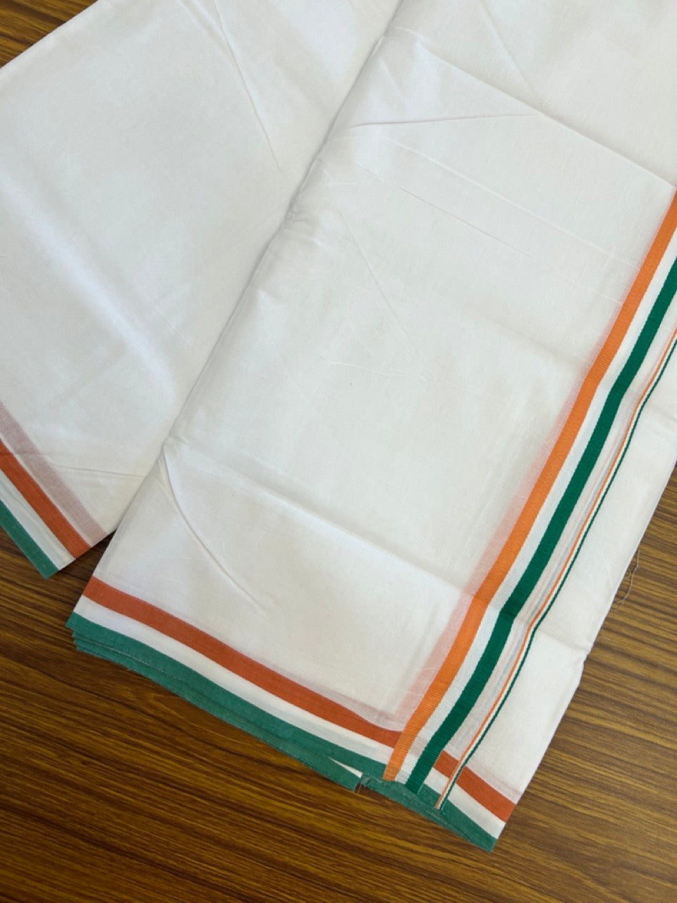 CONGRESS VESHTI - 20% DISCOUNT! KaithariKada 100% Cotton Pure white Double Mundu/Dhoti - 100X80 - 1 inch Orange White & Green Kara - 1 KK5297 ASH
