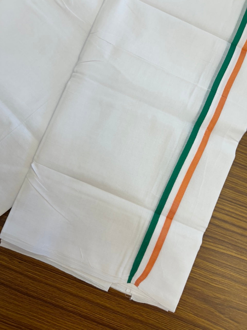 CONGRESS VESHTI - 20% DISCOUNT! KaithariKada 100% Cotton Pure white Double Mundu/Dhoti - 100X80 - 1 inch Orange White & Green Kara - 2 KK5297 ASH