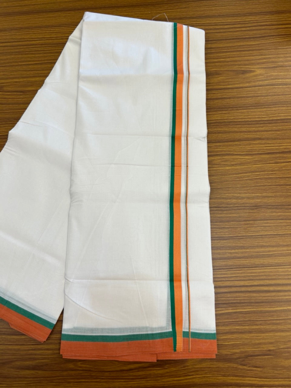 BJP VESHTI - 20% DISCOUNT! KaithariKada 100% Cotton Pure white Double Mundu/Dhoti - 100X80 - 0.75 inch Orange & Green Kara - 4 KK5297 ASH