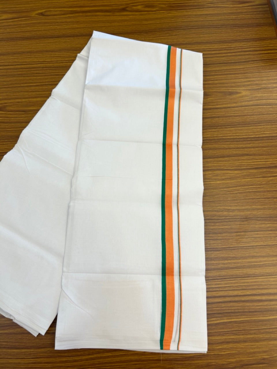 BJP VESHTI - 20% DISCOUNT! KaithariKada 100% Cotton Pure white Double Mundu/Dhoti - 100X100 - 0.75 inch Orange & Green Kara - 3 KK5297 ASH