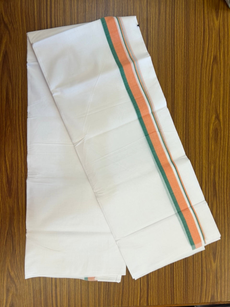 BJP VESHTI - 20% DISCOUNT! KaithariKada 100% Cotton Pure white Double Mundu/Dhoti - 100X80 - 1.25 inch Orange & Green Kara - 5 KK5297 ASH